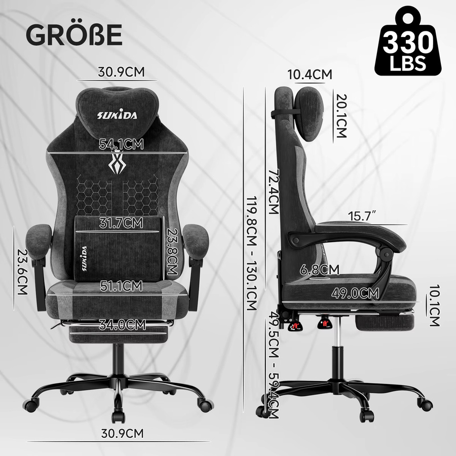 SUKIDA Gaming-Stuhl in Grün, ergonomischer Stoff-Bürostuhl mit Kopfstütze und Armlehnen für Erwachsene - Bild 2