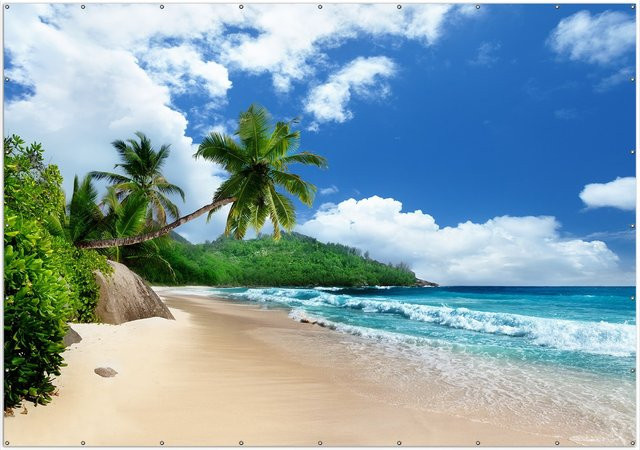 Wallario Gartenposter Urlaub auf den Seychellen mit Palmen und Sandstrand, Multicolor, Breite: 60 cm, Höhe: 90 cm - Bild 1