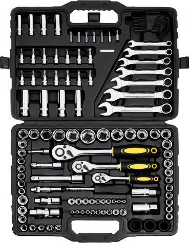 VEVOR 121-teiliges Mechaniker Werkzeugset mit 1/4 Zoll, 3/8 Zoll und 1/2 Zoll Antrieb, SAE und metrisches Werkzeug-Kit inklusive Bits, Schlüsseln, Ratsche und Kunststoff-Aufbewahrungsbox für die Kfz-Reparatur - Bild 1