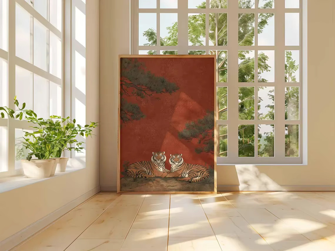 Japanisches Tiger-Poster von SHENCHEN in Rot, Vintage-Kunstdruck im traditionellen Holzschnitt-Stil als Wandkunst für deine Zen-Natur-Heimdekoration - Bild 2