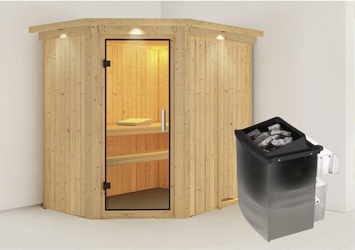 Karibu Sauna Vijandi aus Fichtenholz in Beige inklusive 9 kW Saunaofen mit integrierter Steuerung für 3 Personen, B/T/H: 210 x 165 x 202 cm - Bild 1