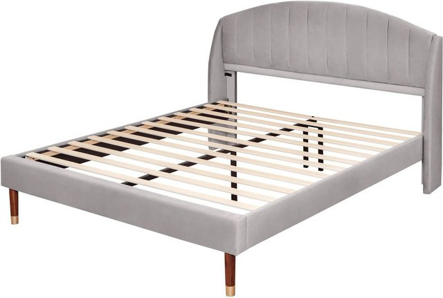 okwish Polsterbett aus Samt in Beige mit Kopfteil und Lattenrost für Jugendliche, B/T/H: 160 x 200 x 108 cm - Bild 1