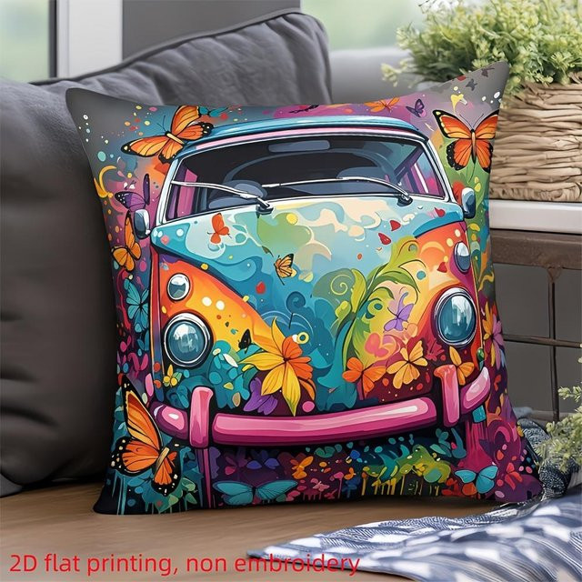 Bunter Vintage Van Kissenbezug von JMG Clothing mit Hippie-Blumen und Schmetterlingen im Boho-Stil, Mehrfarbig, B/B: 60 x 60 cm - Bild 1