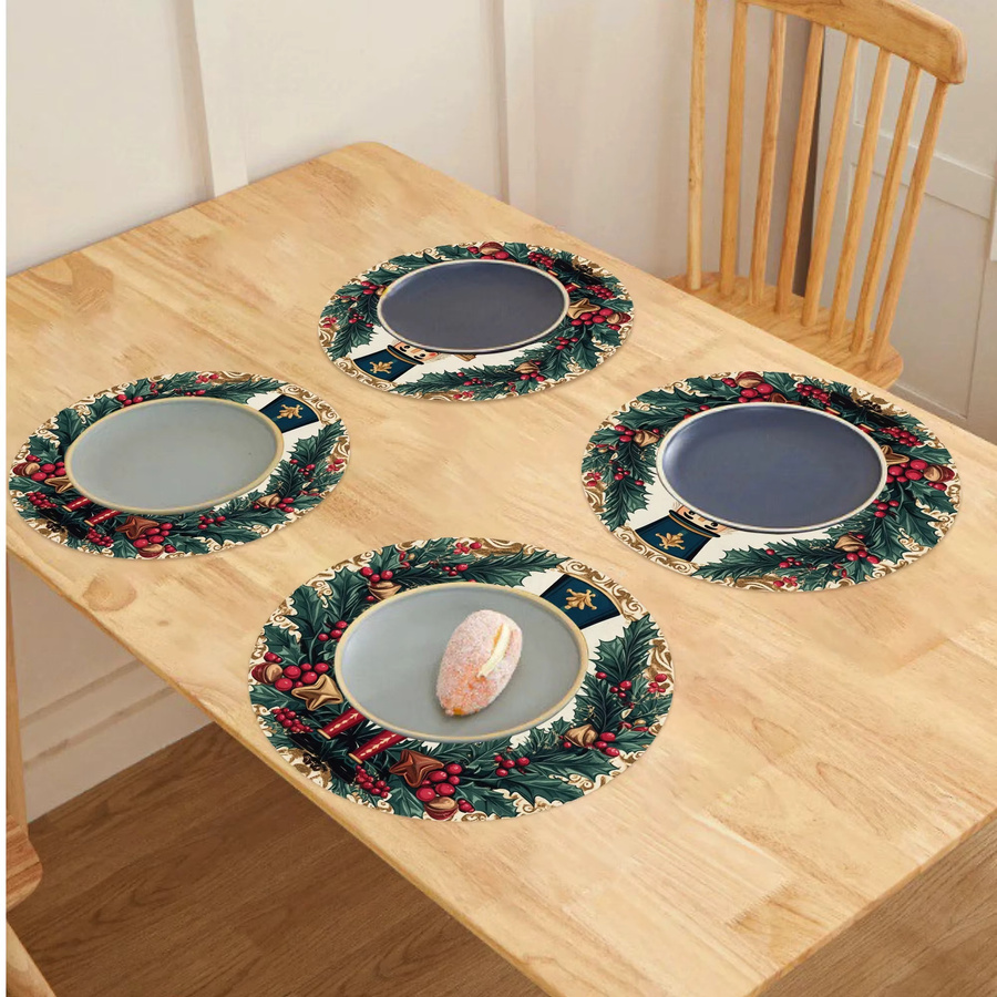 VIKAMA Vintage Weihnachts-Tischsets mit Nussknacker- und Beeren-Design, rund, Mehrfarbig, Durchmesser: 38 cm - Bild 2