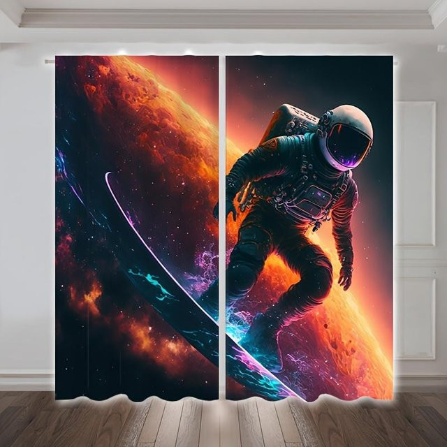 2er-Set Yiran Furniture Vorhänge mit Astronauten-Weltraum-Muster, halbtransparent, Polyester, B/H: 50 x 100 cm, Mehrfarbig - Bild 1