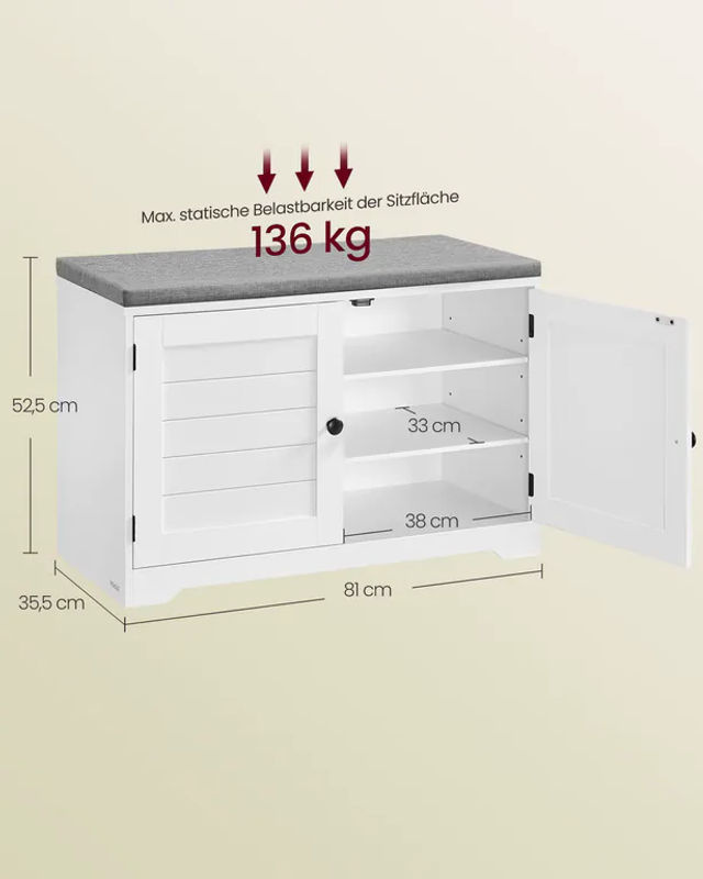 VASAGLE Sitzbank mit Stauraum und Schuhregal in Weiß-Grau, B/T/H: 81 x 35,5 x 52,5 cm - Bild 3