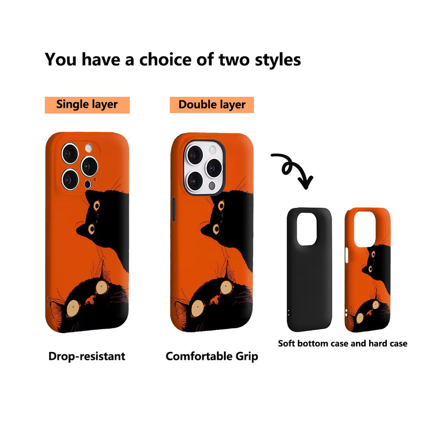 Potdemiel Handyhülle Wide-Eyed Black Cats für iPhone 17 16 15 14 13 12 Pro Max Plus mit doppelschichtiger Rückseite in Schwarz und Orange - Bild 3