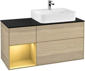 V&B Finion Waschtischunterschrank mit Abdeckplatte aus Glas, Oak Veneer, Regal links in Gold matt, Breite: 120 cm - Bild 1