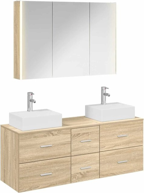 vidaXL Badezimmermöbel-Set 4-teilig in Sonoma-Eiche mit Spiegelschrank und Waschtischunterschrank, modern, Braun, mit LED-Beleuchtung und Glasfronten - Bild 1