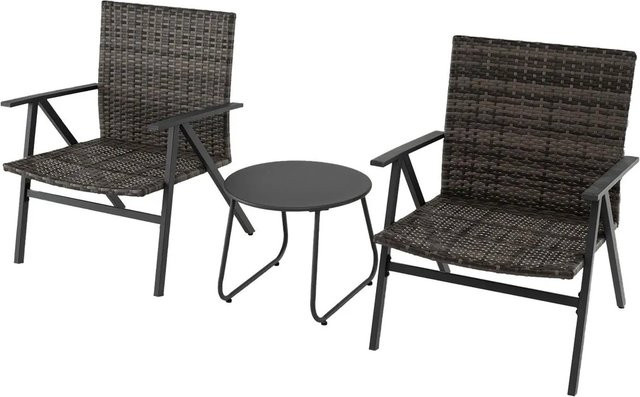Costway 3-teiliges Gartenmöbel Set aus Rattan und Metall in Grau für Balkon, Veranda und Garten mit Tisch und 2 Stühlen - Bild 1