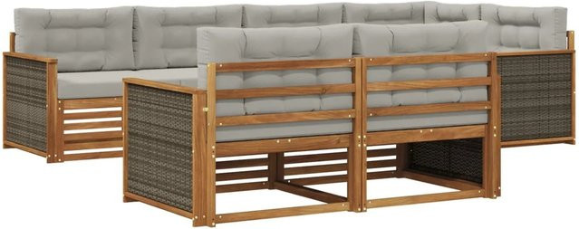 vidaXL Outdoor-Sofagarnitur aus Akazienholz in L-Form mit 7 Sitzkissen und 8 Rückenkissen, Farbe Natur und Hellgrau - Bild 1