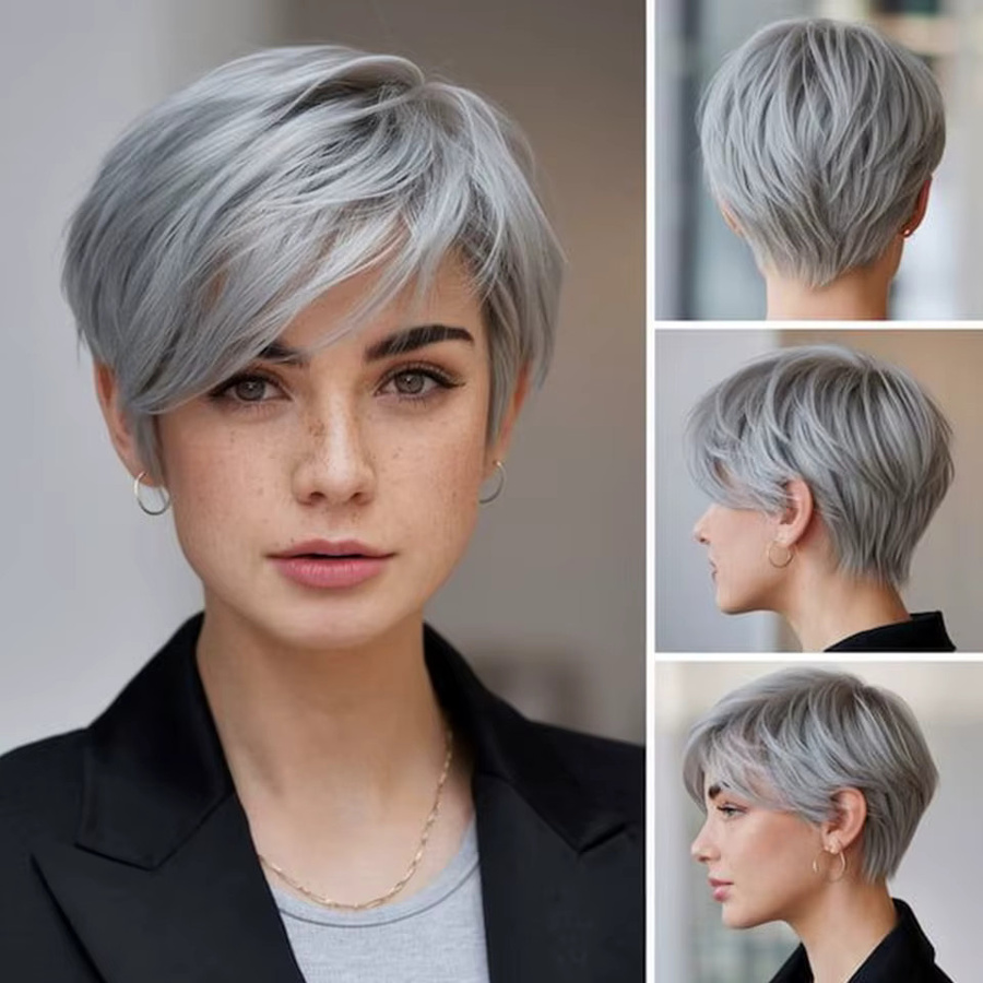 OYM HAIR Perücke, Pixie-Schnitt, grau, brasilianisches Echthaar, Damen - Bild 4