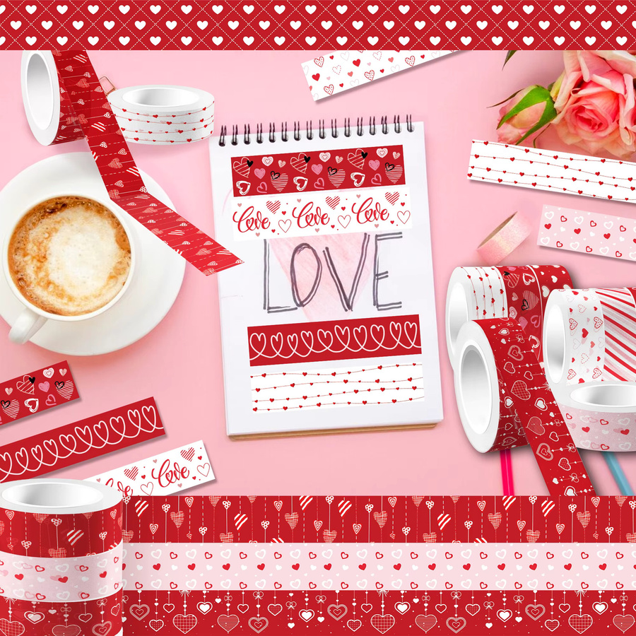 12er Set Washi Tape mit Love Heart Design in Rot für DIY-Handwerk, Scrapbooking und Geschenkverpackungen - Bild 6
