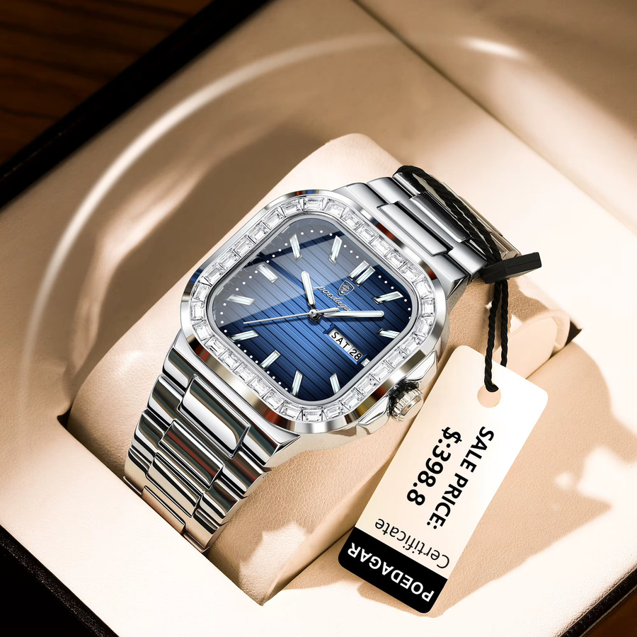 POEDAGAR Armbanduhr Edelstahl, Quarz, Eckig, Blau, Herren - Bild 2