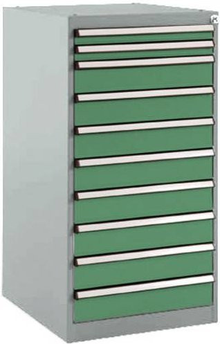 Manuflex BASETEC Stationärer Schubfachschrank in Resedagrün RAL 6011 mit 10 abschließbaren Schubfächern - Bild 1