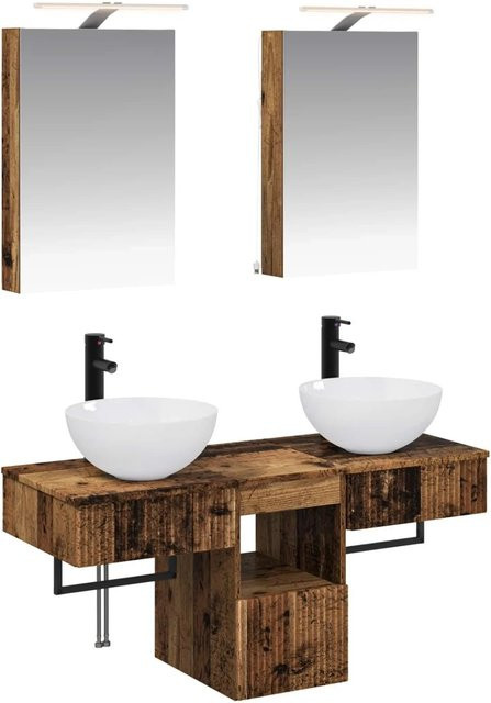 vidaXL Badezimmerschrank-Set 5-teilig aus Altholz in Braun mit LED-Beleuchtung und Spiegelschrank, B/T/H: 40 x 10,5 x 60,5 cm - Bild 1