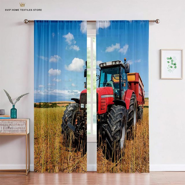 Yiran Furniture Gaze-Vorhänge mit Bauernhof-Motiven und Traktoren für Kinder, 2er-Set, transparent, Multicolour, Breite: 50 cm, Höhe: 130 cm - Bild 1