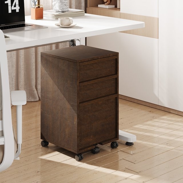 HiMISS Mobiler Aktenschrank aus Holz in Braun mit 3 Schubladen und Rollen für dein Home-Office - Bild 1