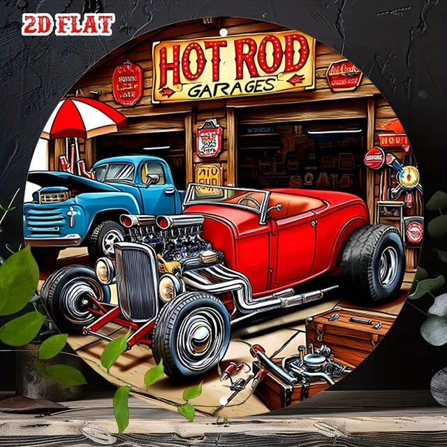 Potdemiel Vintage Metallschild Hot Rod Garage Rundes Aluminium Poster Retro Design Durchmesser: 20 cm - Bild 1