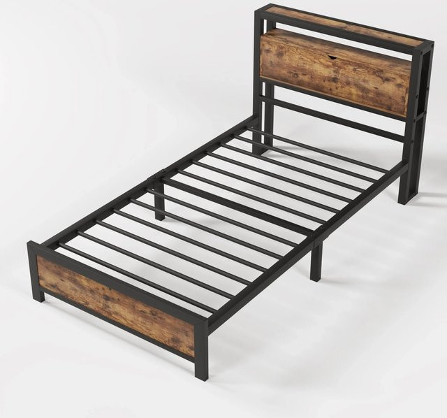 Merax Metallbett in Schwarz mit Kopfteil und Stauraum, B/T/H: 90 x 200 x 100 cm - Bild 1
