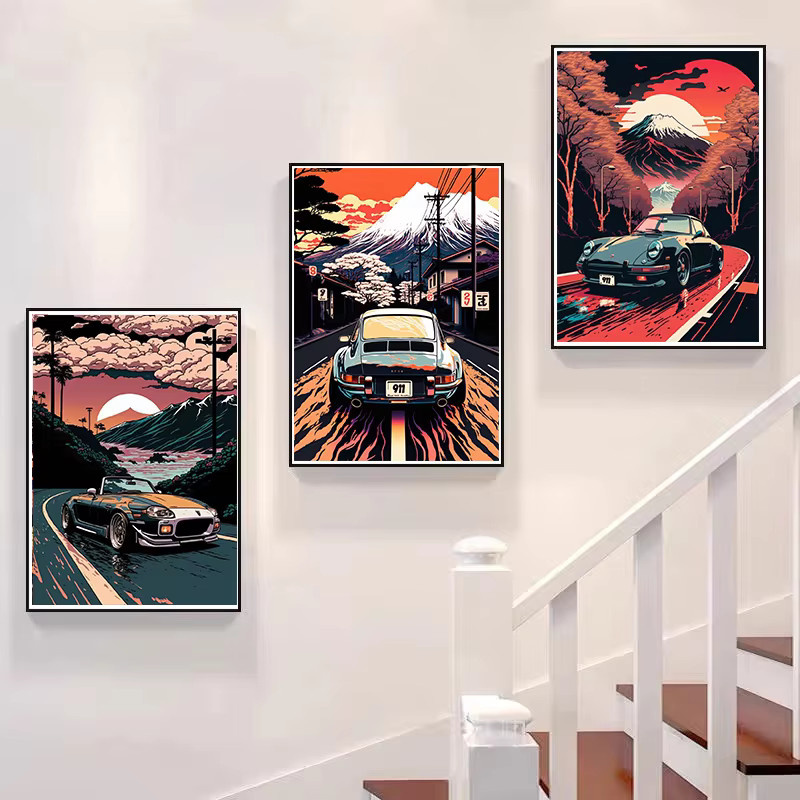 FajerminArt Retro Wandkunst Leinwandbild GTR Luxusauto mit Japanischer Landschaft im 80er Jahre Stil, Mehrfarbig - Bild 1