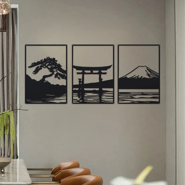 DDPNKL 3-teiliges Wandbild Set aus Metall mit minimalistischen Schwarz-Weiß-Silhouetten von Bonsai-Baum, Torii-Tor und Fuji-Berg in rechteckiger Form - Bild 1