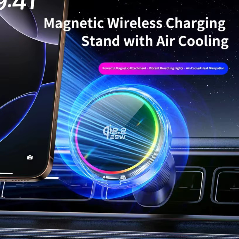 VIKEFON Magnetische Auto-Handyhalterung mit Qi2.2 25W Kabellosem Ladegerät, Luftkühlung und RGB-Licht, kompatibel mit MagSafe iPhone 17 16 15 14 13 12, Multicolour - Bild 2