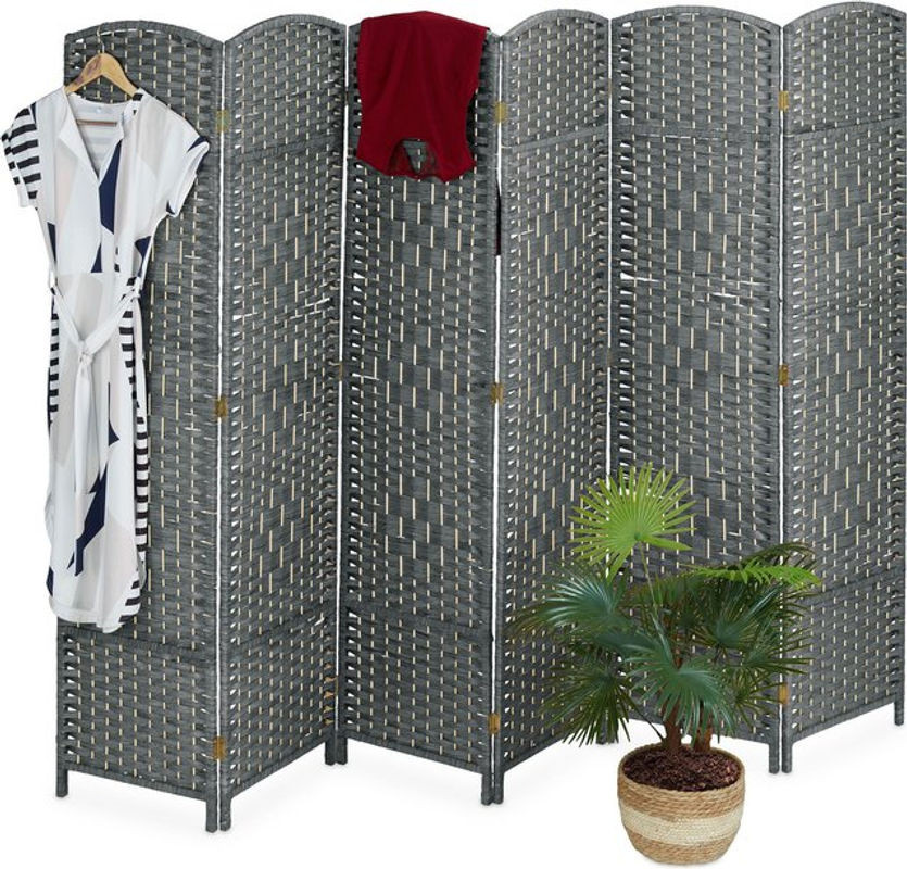 Relaxdays Paravent aus Holz und Papierseil in Grau, 6-teiliger faltbarer Raumtrenner mit geometrischem Design, H x B: 170 x 241 cm - Bild 1