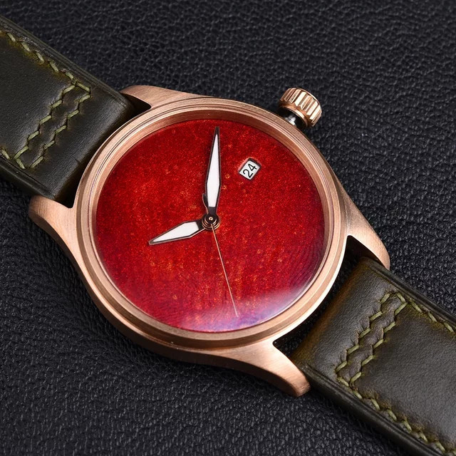 HUASUO Fliegeruhr, Automatik, Messing, Bronze, Grün, Leder, 38 mm, Herren - Bild 1