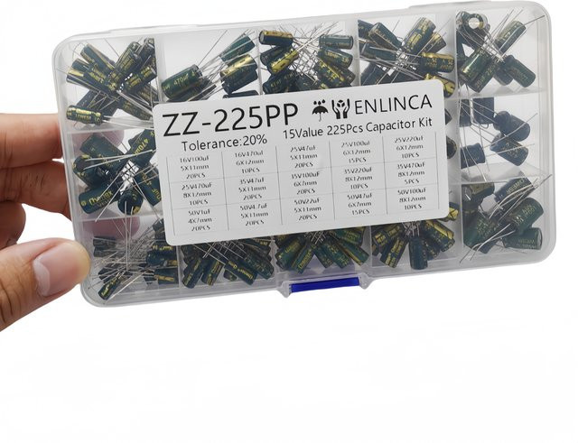 ENLINCA Kondensator Kit mit 225 Teilen, Aluminium-Elektrolytkondensatoren Set, 15 Werte von 1 uF bis 470 uF, 16 V bis 50 V, Low ESR - Bild 1