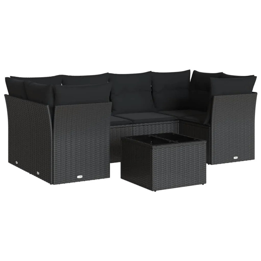 vidaXL 7-tlg Garten-Sofagarnitur in L-Form aus Polyrattan mit Kissen und Tisch in Schwarz - Bild 2