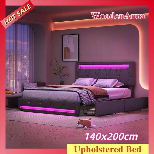 WOODENAURA Bett mit Stauraum, LED-Beleuchtung und Schubladen in Leinengrau, B/T/H: 140 x 200 cm - Bild 1