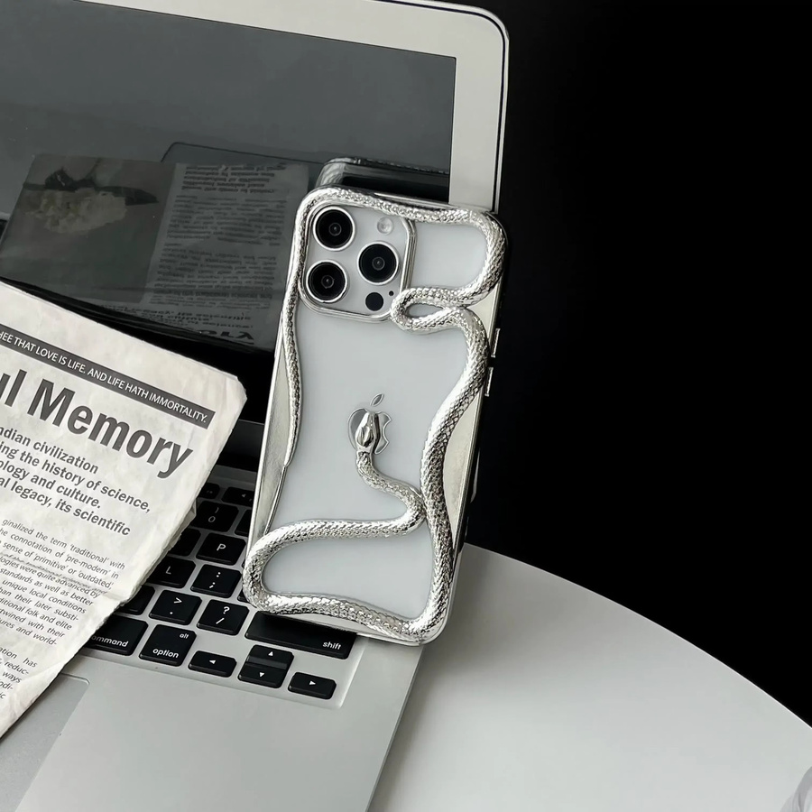 Schlangenbeschichtung Handyhülle für iPhone 11 bis 17 Pro Max Plus mit Luftwärmeableitung und Galvanik-Effekt aus TPU Soft Cover in Silber - Bild 2