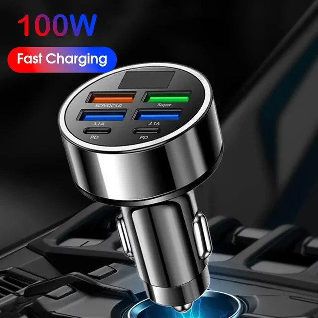 6 Port USB Auto Ladegerät mit Digital Display und 4 USB sowie 2 PD Anschlüssen in Schwarz - Bild 1