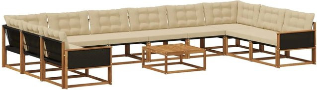 vidaXL Outdoor-Sofagarnitur in U-Form aus massivem Akazienholz mit 11-teiligem Set Textilene-Kissen in Natur-Beige - Bild 1