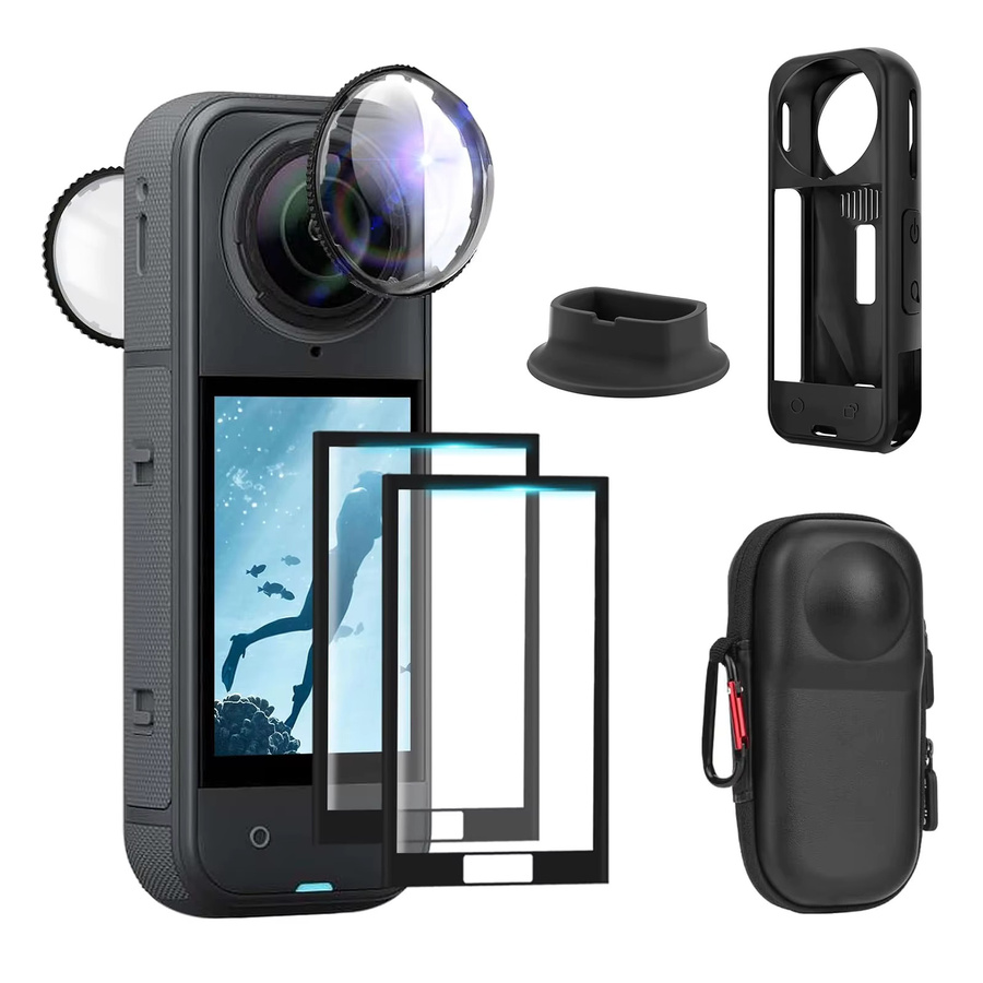 Insta360 X5 Zubehör-Set in Schwarz mit Tragetasche, Silikonhülle, Objektivschutz, Displayschutzglas und Silikon-Stützhalterung - Bild 4