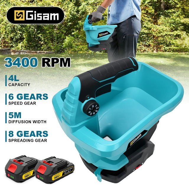 Gisam Elektrischer Düngerstreuer und Sämaschine für Grassamen und Gemüse in Türkis, kompatibel mit Makita 18V Akku - Bild 1