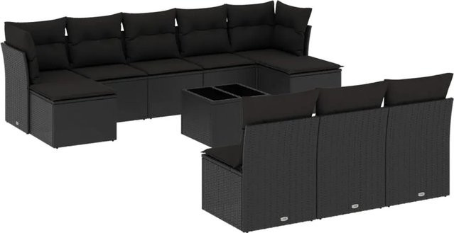 vidaXL 11-tlg. Garten-Sofagarnitur in L-Form aus schwarzem Poly-Rattan mit UV-beständigen Kissen und pulverbeschichtetem Stahlgestell - Bild 1