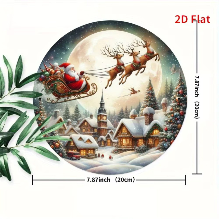HELLOYOUNG Vintage Weihnachtsmann Schlitten Metall Wanddekoration mit Rentier und Winterdorf, Mehrfarbig, B/H: 20 x 20 cm - Bild 2