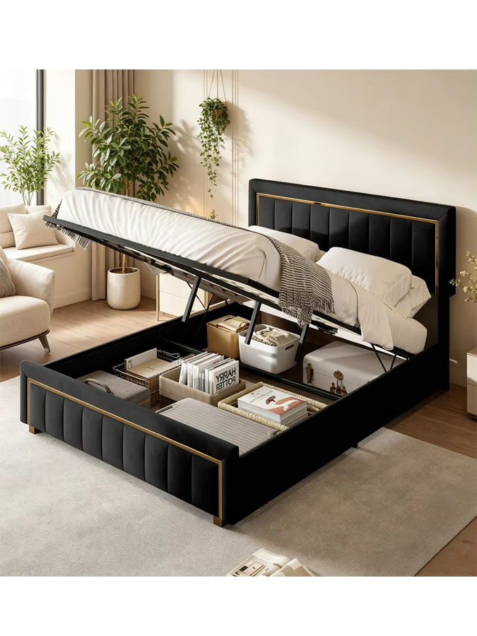 Superaly Polsterbett aus Samt in Schwarz mit hydraulischem Stauraum und Lattenrost, B/T: 160 x 200 cm - Bild 6