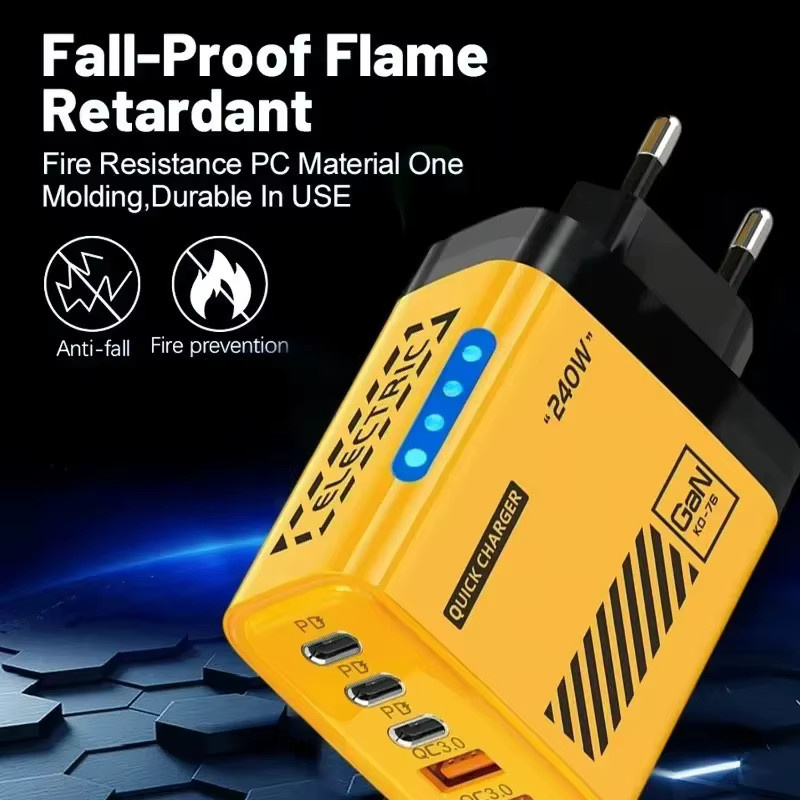 240W GaN Schnellladegerät mit 5 Ports, QC3.0 und PD, inklusive LED-Licht, passend für iPhone, Samsung, Huawei und Xiaomi (US/EU-Stecker) - Bild 5