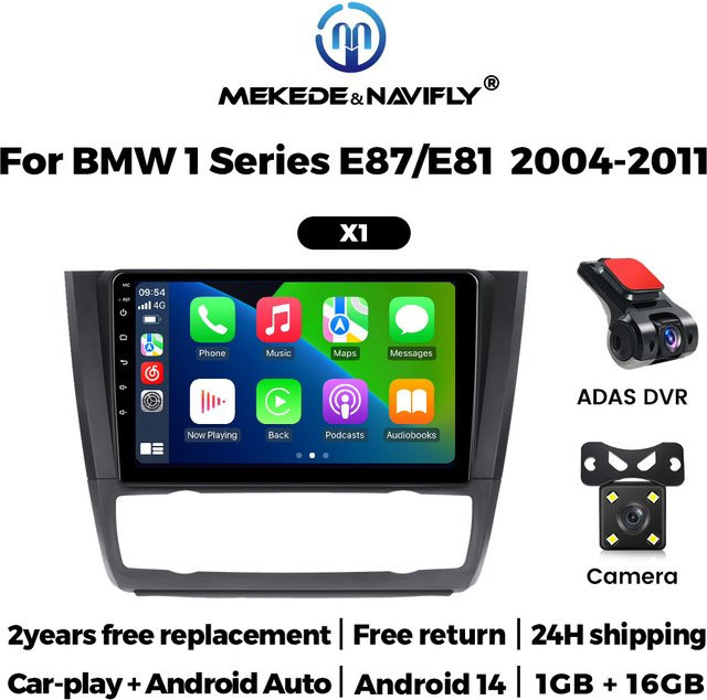 NaviTree 2DIN Android 14 Auto Radio mit CarPlay für BMW 1 Serie E87 E81 E82 E88 (2004-2011) inklusive Rückfahrkamera und DVR Monitor in Schwarz - Bild 1