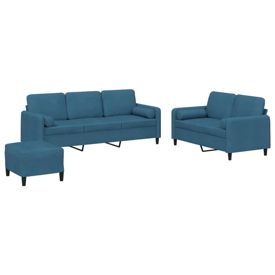 vidaXL 3-teilige Sofagarnitur aus blauem Samt mit 3-Sitzer-Sofa, 2-Sitzer-Sofa, Fußhocker und Kissen - Bild 2