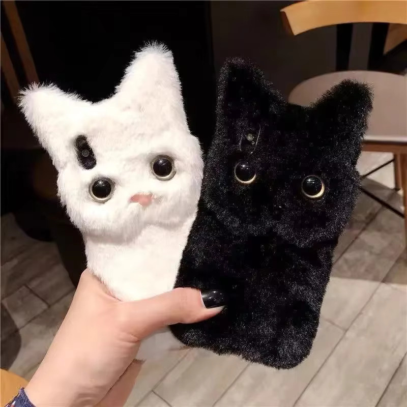 Flauschige Plüsch Handyhülle mit Katzen-Design für Apple iPhone 15 14 13 12 11 Pro Max XS XR X 7 8 Plus in Schwarz - Bild 6