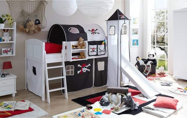 TiCAA Kinder Hochbett Ekki Country aus Kiefer mit Rutsche und Turm in Weiß - Bild 1