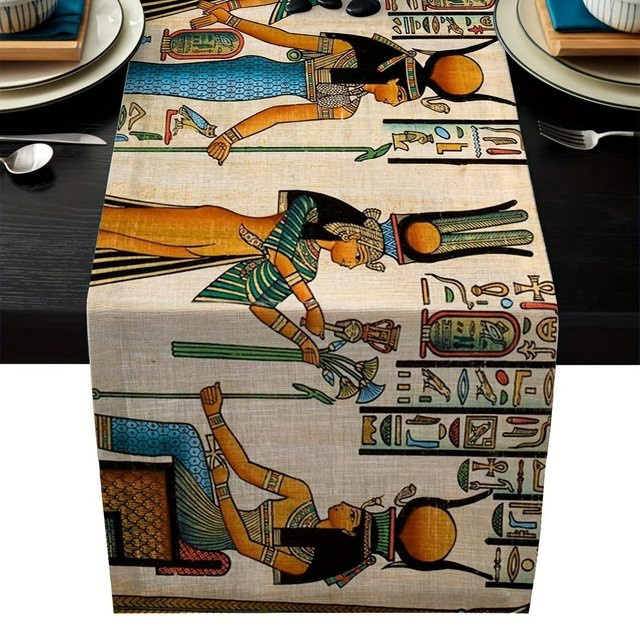 Ethnische Leinen Tischläufer mit altem Ägyptischem Wandbild von JINGYUE Pet, Mehrfarbig, B: 150 cm, T: 33 cm - Bild 1