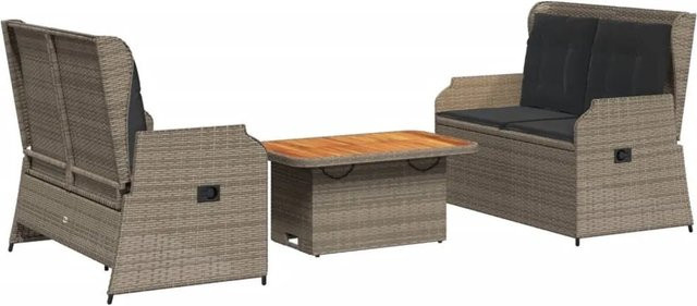 vidaXL 3-tlg Garten-Lounge-Set aus grauem PE-Rattan mit Kissen und Gartentisch - Bild 1