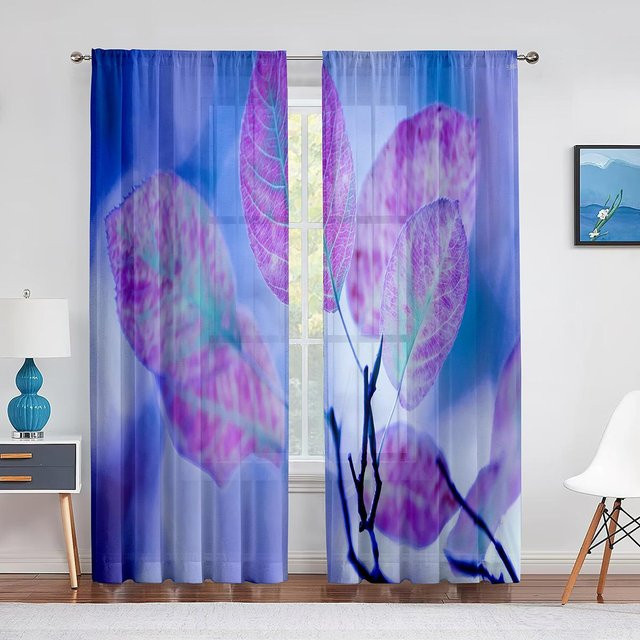 Transparenter Voile-Vorhang mit herbstlichem Ahornblatt-Design in Natur, Chiffon-Tüll mit Ösen, Breite: 100 cm, Höhe: 250 cm - Bild 1