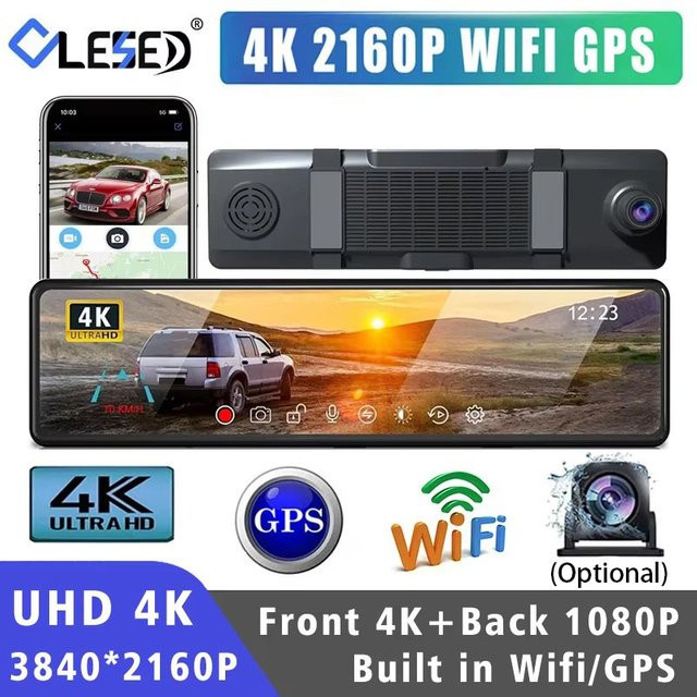 4K UHD Dash Cam Rückspiegel mit Dual Lens, GPS und WiFi, OLESED Bildschirm, Schwarz - Bild 1