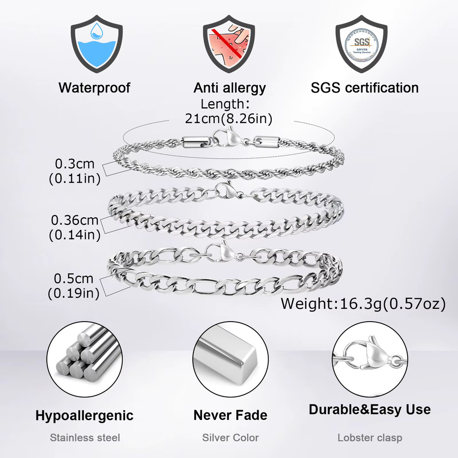 Vnox Armband-Set Edelstahl, silber, Herren, 21 cm - Bild 3